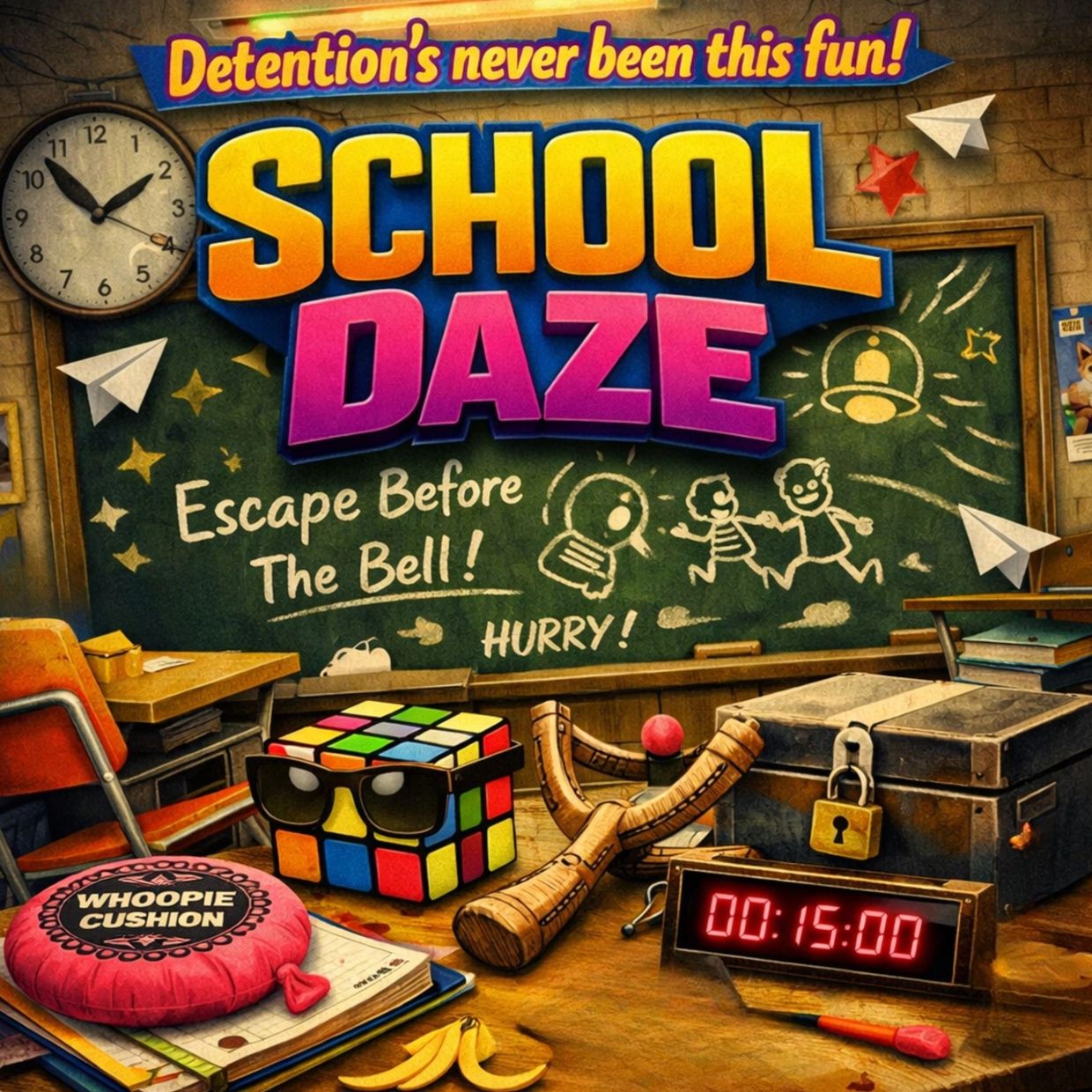Colorful School Daze game scene with playful elements and a ticking clock.