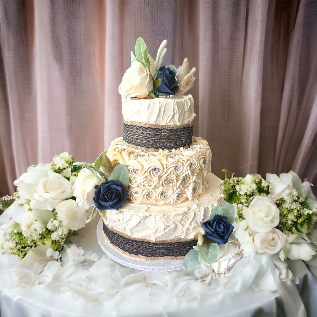 Champagne and Navy Blue Wedding Cake with Rustic feel 