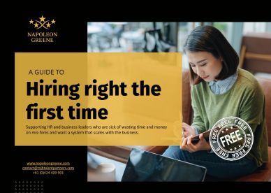 A business guide on hiring the right employees first time, featuring a focused woman working on a laptop.