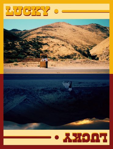 poster image for "Lucky" short film, depicts two mirrored images of a man alone at a lemonade stand