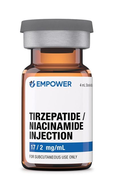 Vial of Tirzepatide/Niacinamide injection for subcutaneous use.