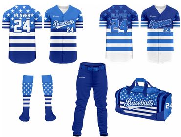 Blue and white baseball uniform set with stars, stripes, and number 24.
