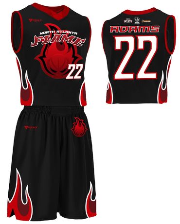 Black and red basketball uniform with flame designs and number 22.