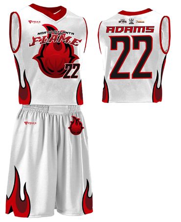White and red basketball uniform with flames, number 22, and 'North Atlanta Flame' text.