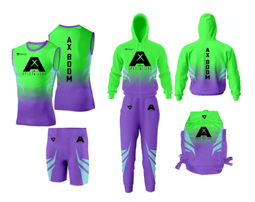 Green and purple sportswear set with AX Boom and Xpectations branding.