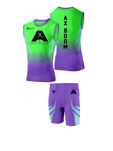 Green and purple sports uniform with AX Boom branding and gradient design.