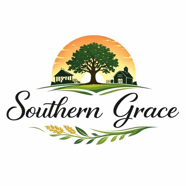 Logo with tree, farmhouse, and sunset for Southern Grace.