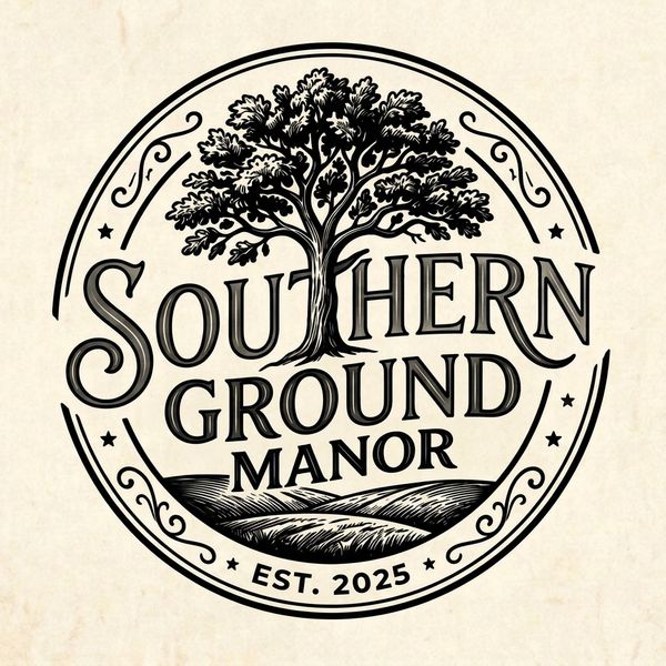 Vintage logo with a tree and fields for Southern Ground Manor, established 2025.