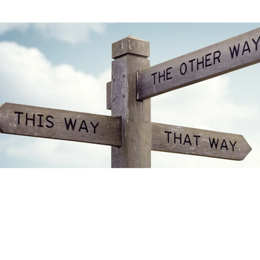 Wooden signpost with confusing directions pointing multiple ways.