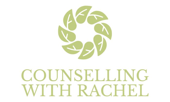 Green leaf wreath logo with 'Counselling with Rachel' text.