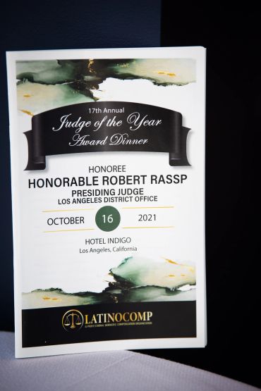 Award dinner invitation for Honorable Robert Rassp, Judge of the Year 2021.
