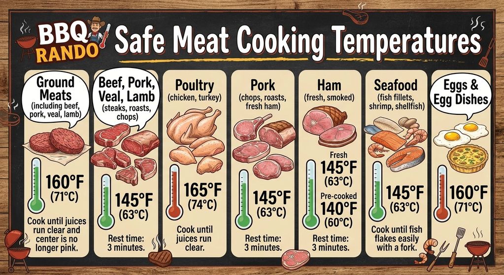 Chart of safe meat cooking temperatures for different types of meat and eggs.
