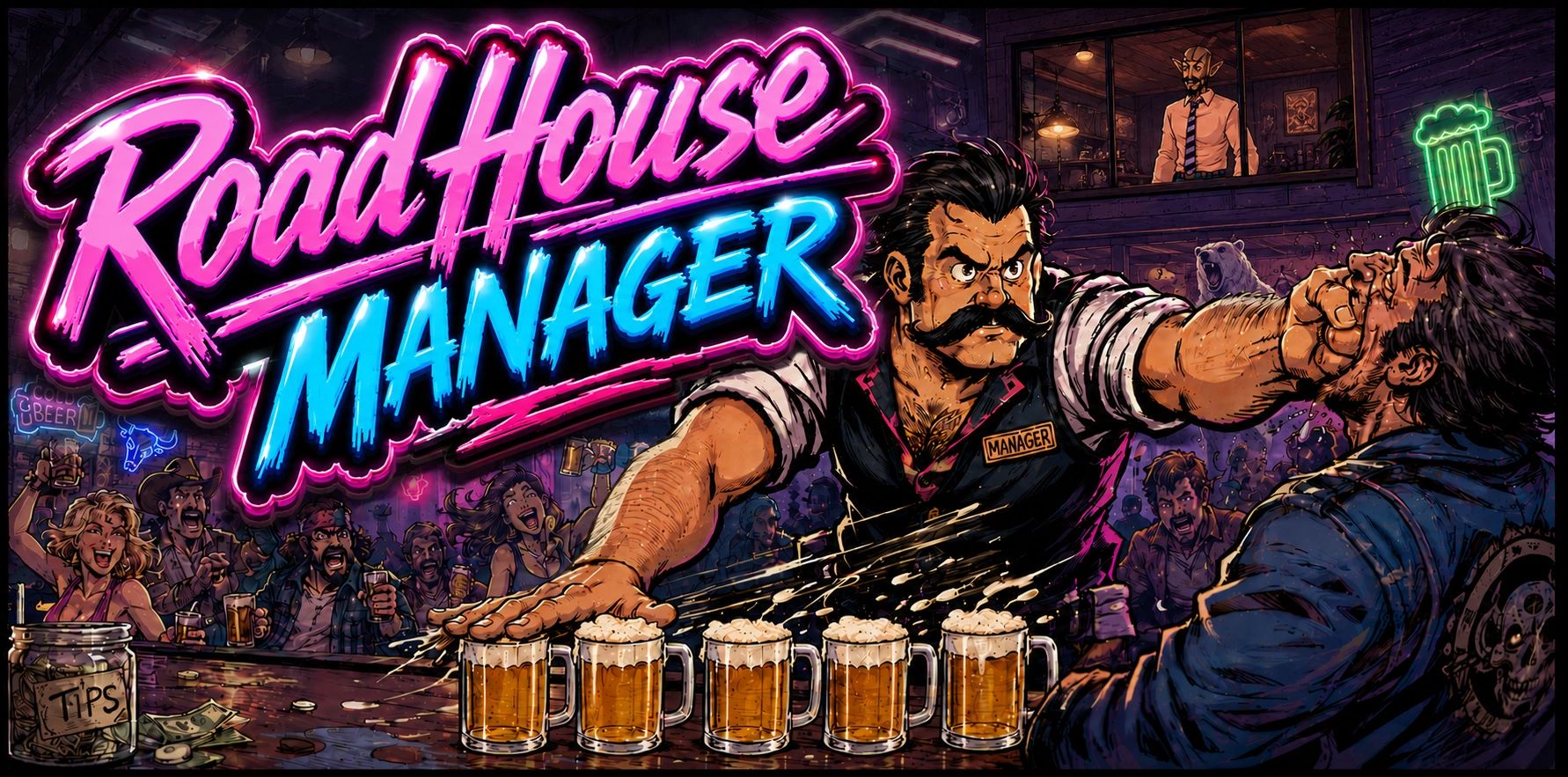 Fierce bartender punches a man with mugs of beer in front, neon-lit bar scene.