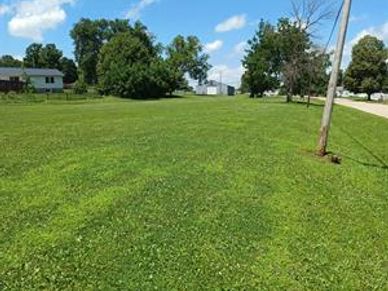 A green grassy field under a blue sky with scattered clouds.