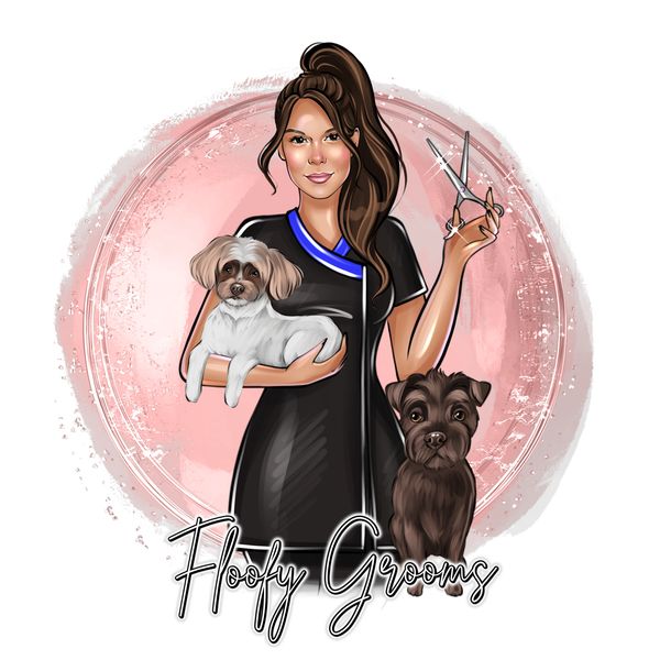 Girl holding scissors holding one dog and another dog sitting beside her