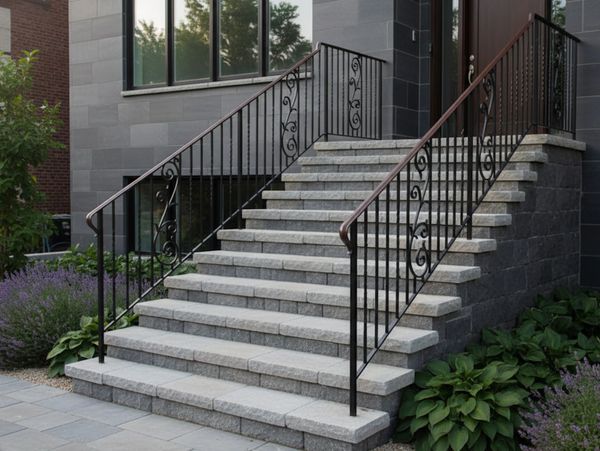 Gray stone steps with black wrought iron railings leading to a modern house entrance.