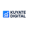 Blue logo with upward graph and text 'KUYATE DIGITAL'.