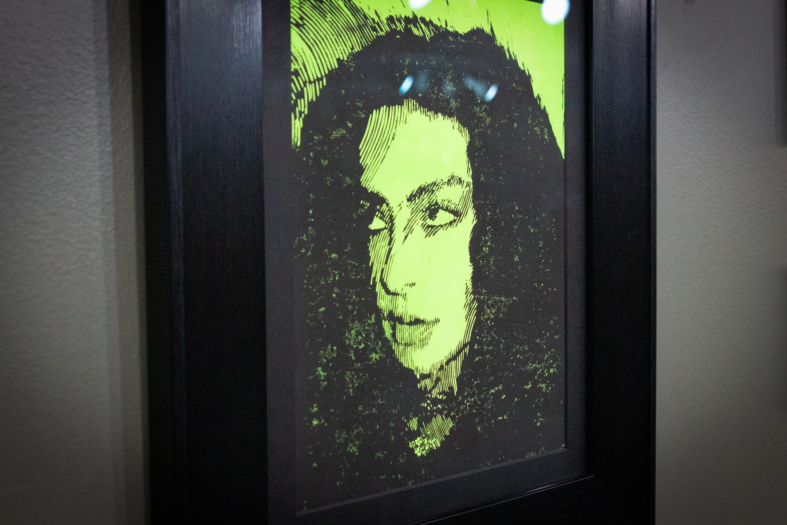Framed green and black abstract portrait with curly hair and intense eyes.