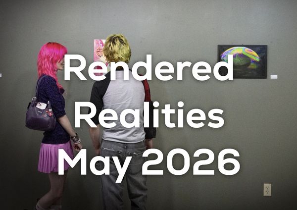 Two young people viewing art in a gallery with text overlay about an event in May 2026.