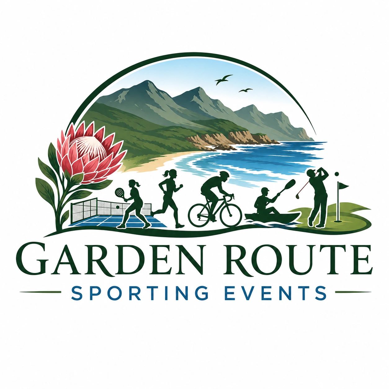 Logo depicting various outdoor sports against a coastal mountain backdrop.