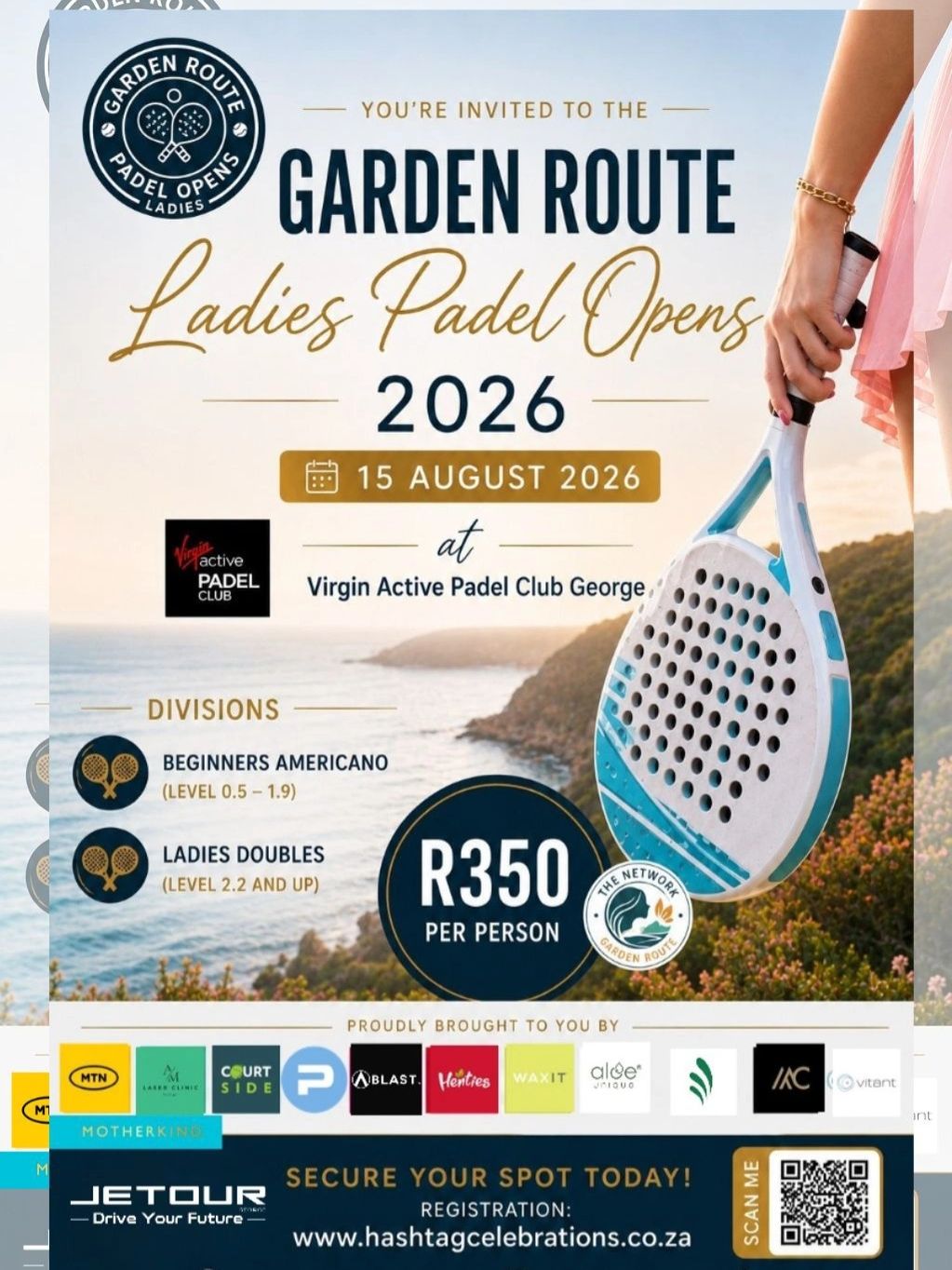 Invitation to Garden Route Ladies Padel Opens 2026 on 15 August at Virgin Active Padel Club.