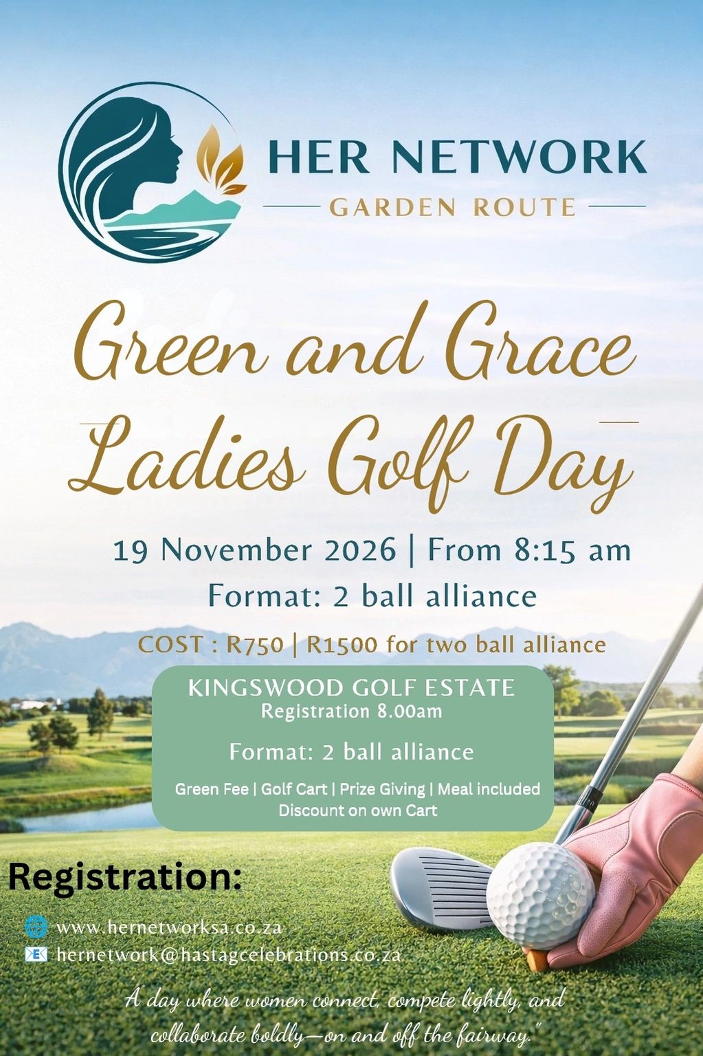 Green and Grace Ladies Golf Day event details with date, location, and registration info.