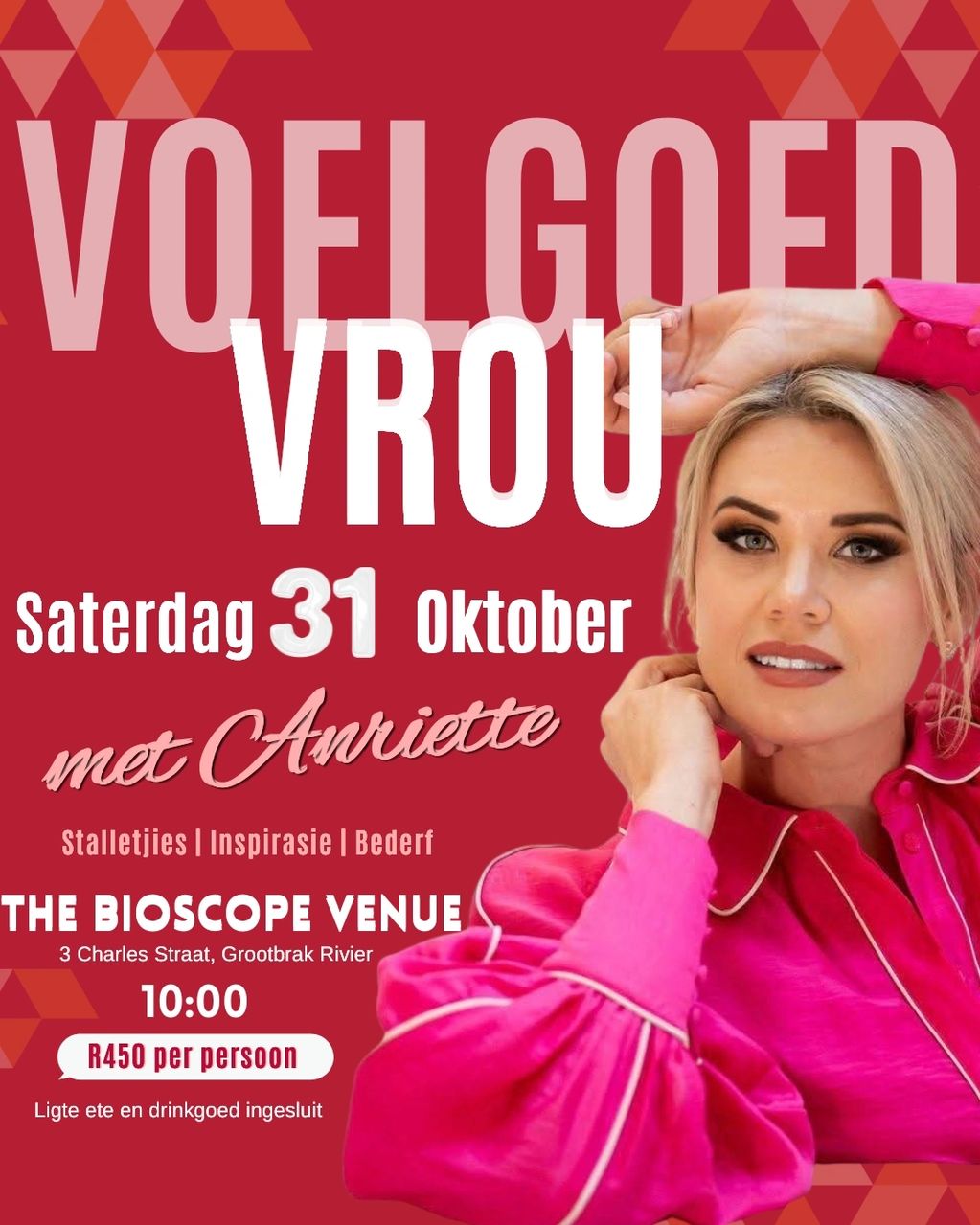 Promotional poster for a women's event on Saturday, October 31, with Anriette at The Bioscope Venue.