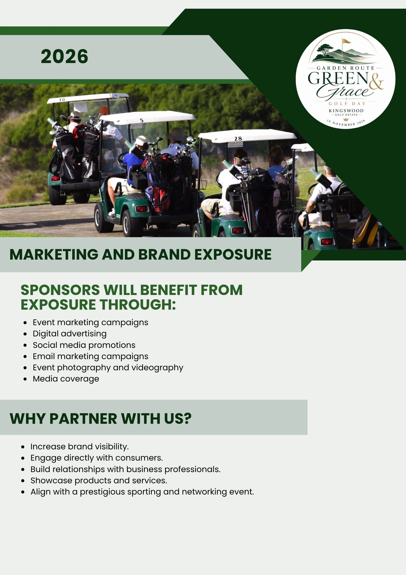 Golf carts with players promoting 2026 marketing and brand exposure at Garden Route Green &amp; Grace Golf Day.