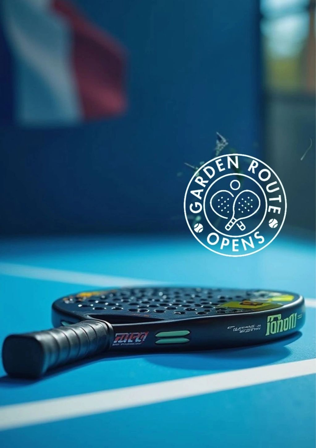 Close-up of a padel racket on a blue court with "Garden Route Opens" logo.