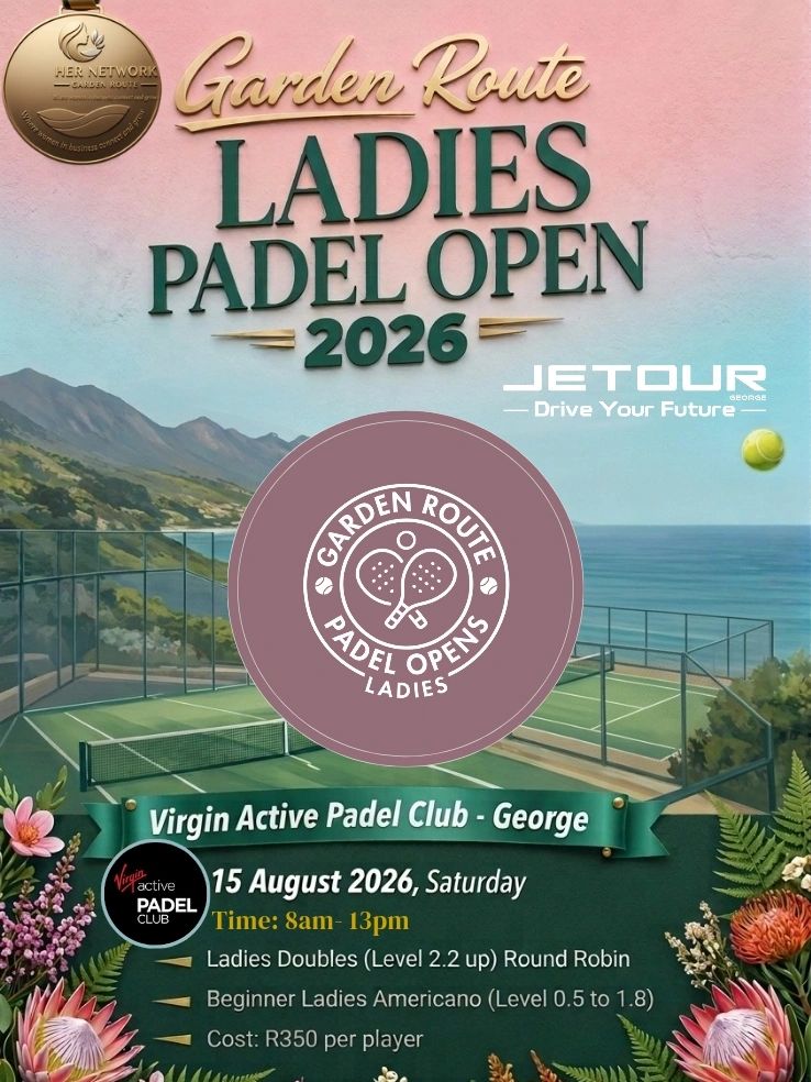 Announcement for Garden Route Ladies Padel Open 2026 at Virgin Active Padel Club.