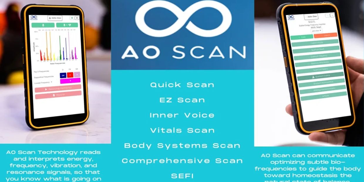 AO Scan technology app displays energy frequency scans on mobile devices.