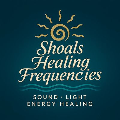 Logo for Shoals Healing Frequencies with sun and waves symbols.