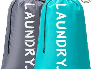 Two laundry bags, one gray and one blue.