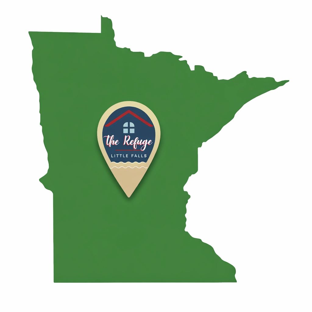 Minnesota map with The Refuge Little Falls logo marking Little Falls, MN.