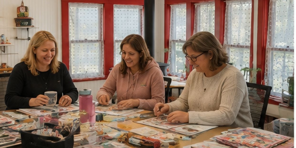 Three women crafting around a table in a cozy room.