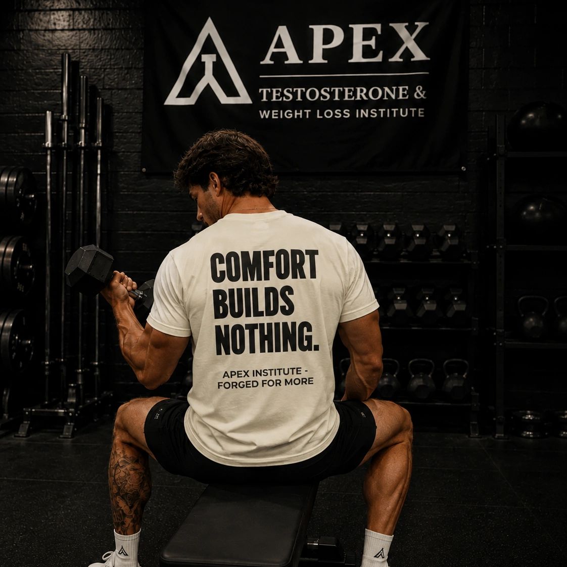 Man lifting dumbbell in gym with motivational shirt.