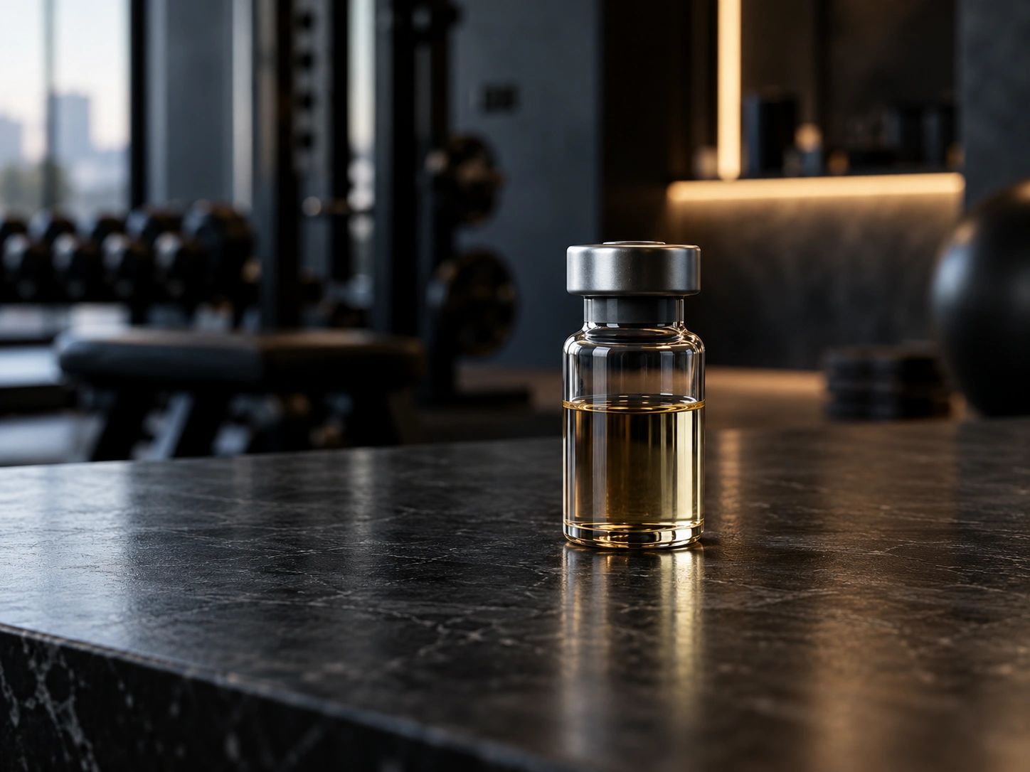 A vial with liquid on a marble surface in a gym.