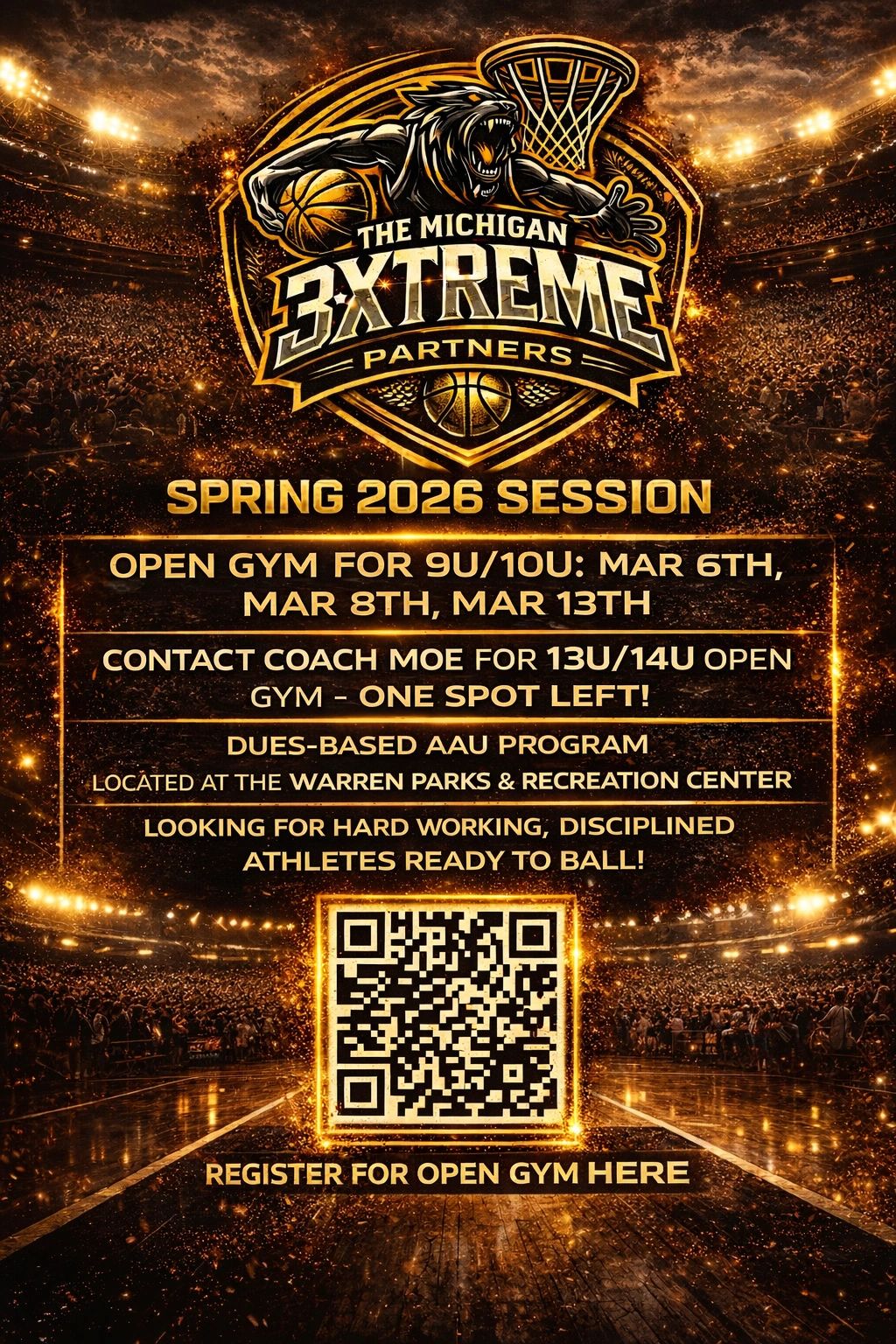 Basketball open gym sessions for Michigan 3Xtreme Spring 2026 with registration QR code.