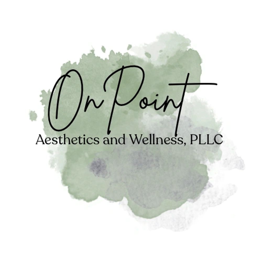 Logo of On Point Aesthetics and Wellness with green watercolor background.
