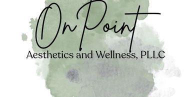 Logo with green watercolor background and elegant text for On Point Aesthetics and Wellness.