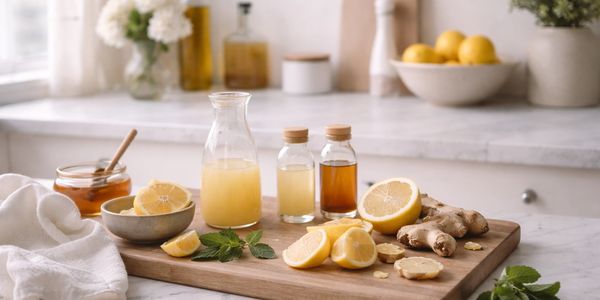 Lemons, ginger, honey, and juice on a wooden board in a bright kitchen.