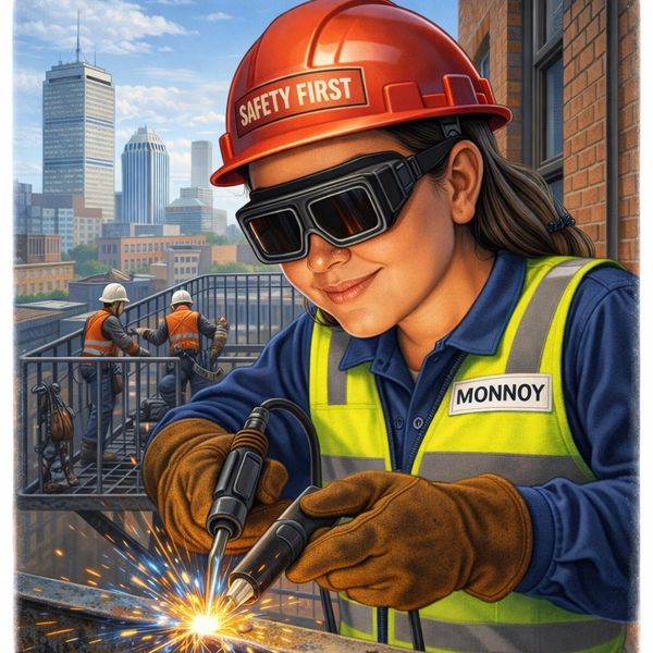 A woman welder in safety gear sparks metal on a construction site. Boston, MA 
