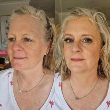 Before and after makeup transformation on a middle-aged woman.