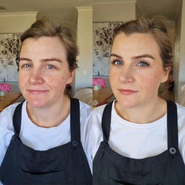 Before and after makeup transformation of a woman with natural and enhanced looks.