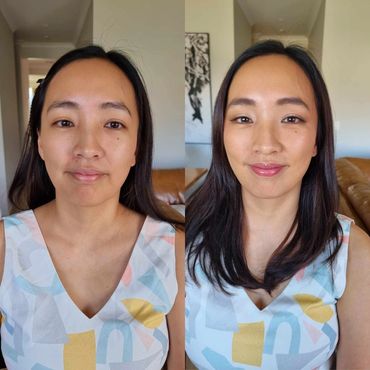 Before and after makeup transformation on a woman wearing a patterned dress.