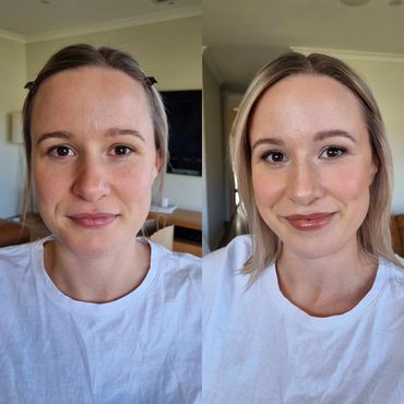 Before and after makeup transformation on a woman wearing a white shirt.
