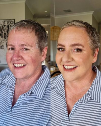 Before and after makeup transformation of a woman with short hair.