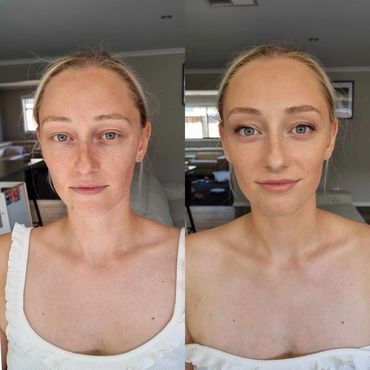 Side-by-side before and after makeup transformation of a woman.