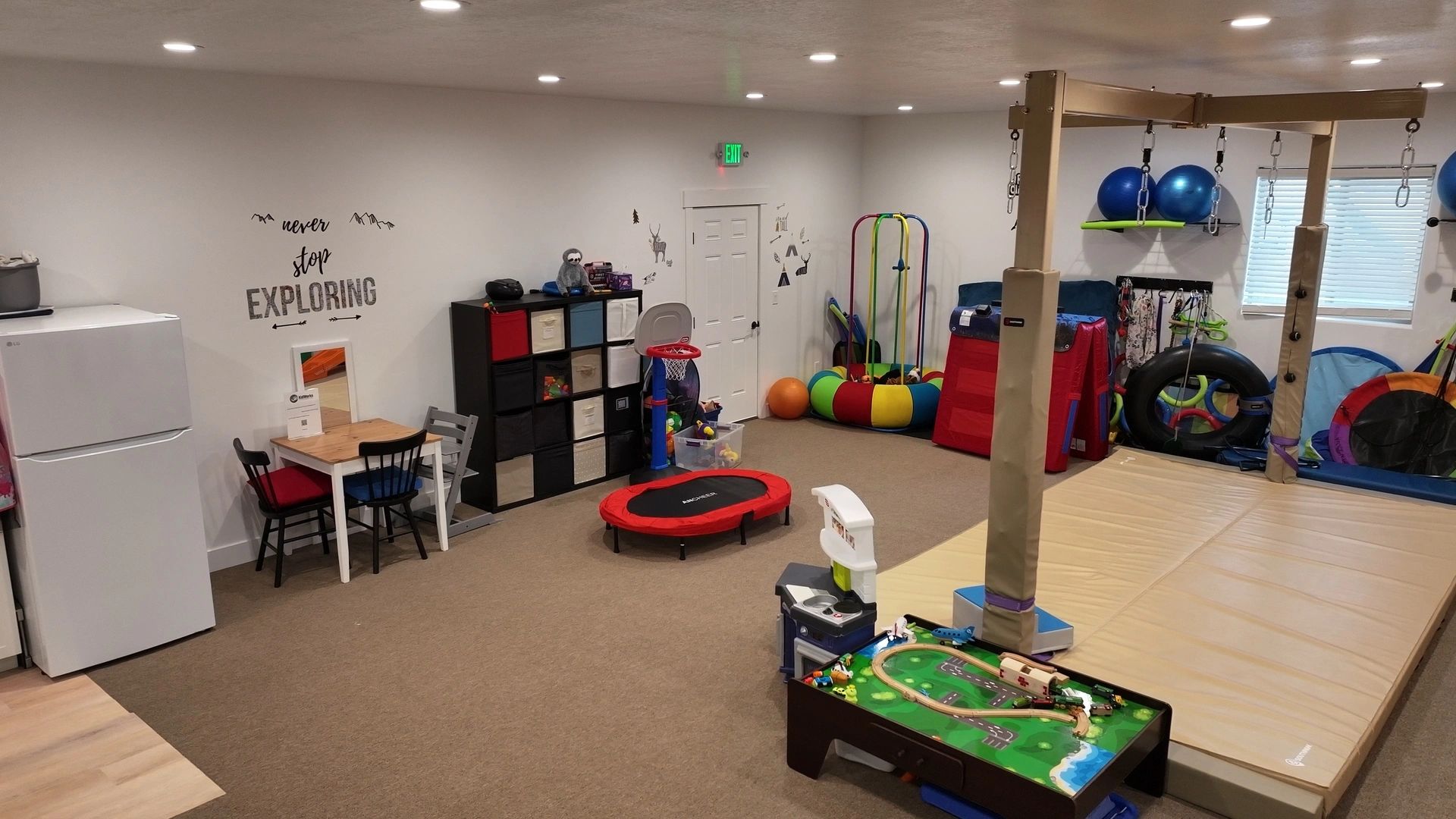 drone photo of a business with swings and exercise balls