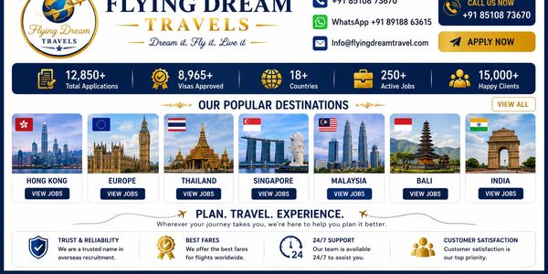 Flying Dream Travels promotional banner showing popular travel destinations and visa services.
